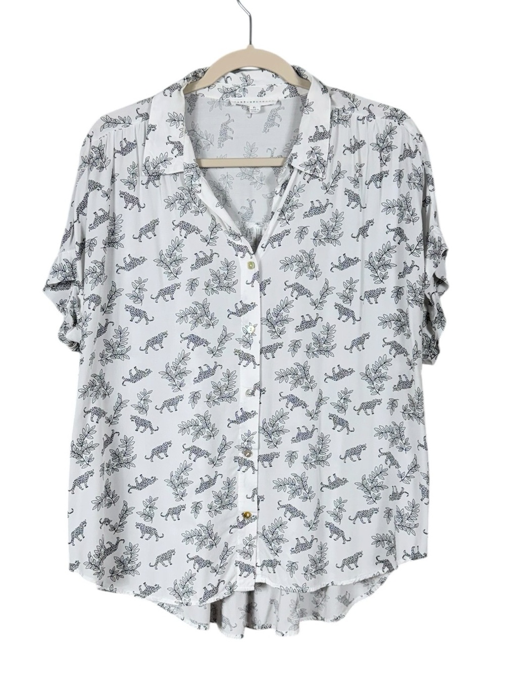 Jane & Delancey Button Up Shirt XL Novelty Leopards Botanical Euro Summer - Picture 2 of 7